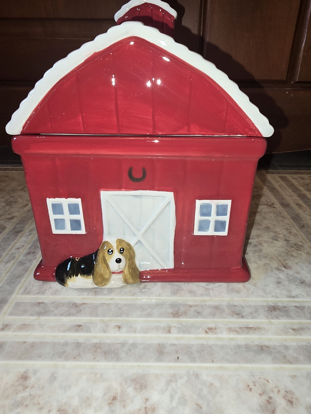 Pionner Woman Red Barn Cookie Jar with Dog Accent